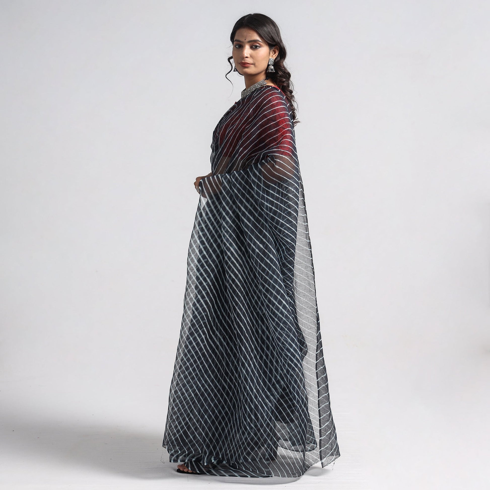 Black - Leheriya Tie-Dye Kota Doria Cotton Saree 01