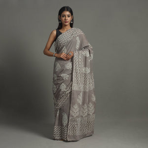 Grey - Natural Dyed Cotton Bagru Print Saree 07