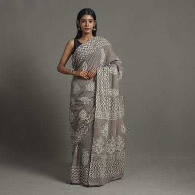 Grey - Natural Dyed Cotton Bagru Print Saree 07
