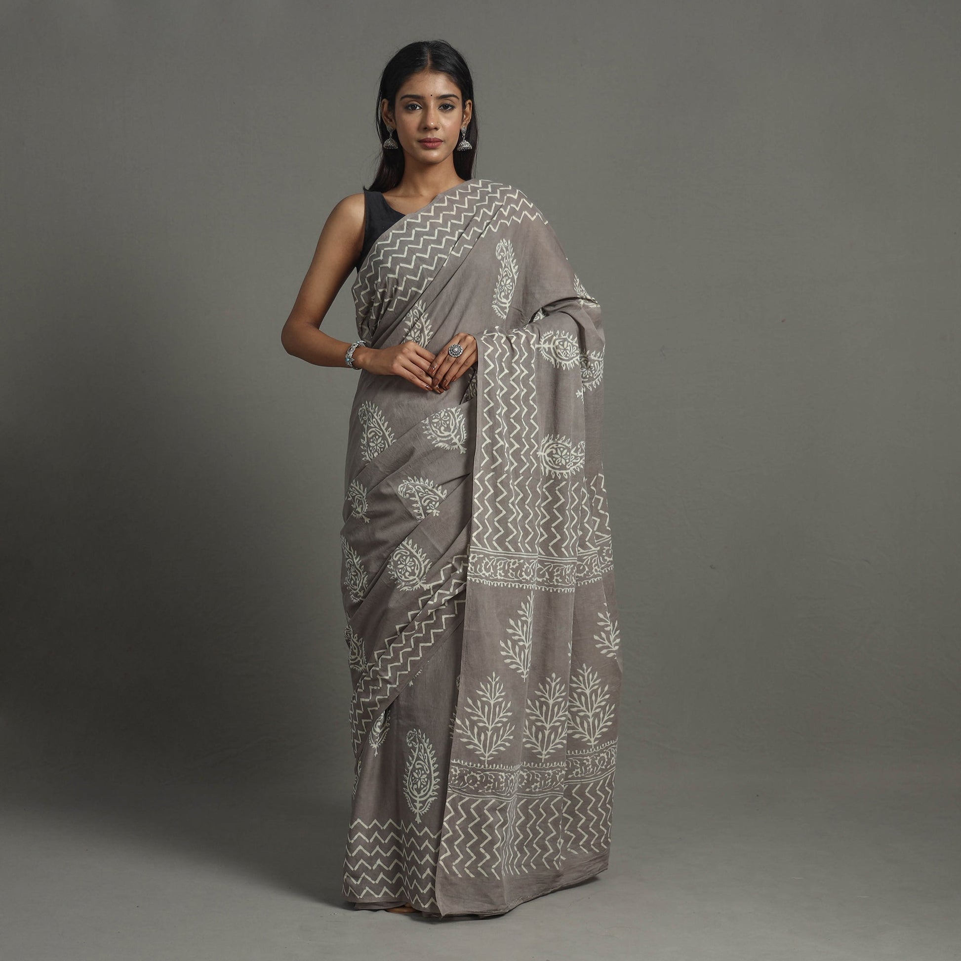 Grey - Natural Dyed Cotton Bagru Print Saree 07