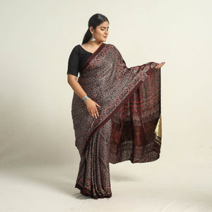 Brown - Modal Silk Block Printed Ajrakh Saree with Zari Border 69