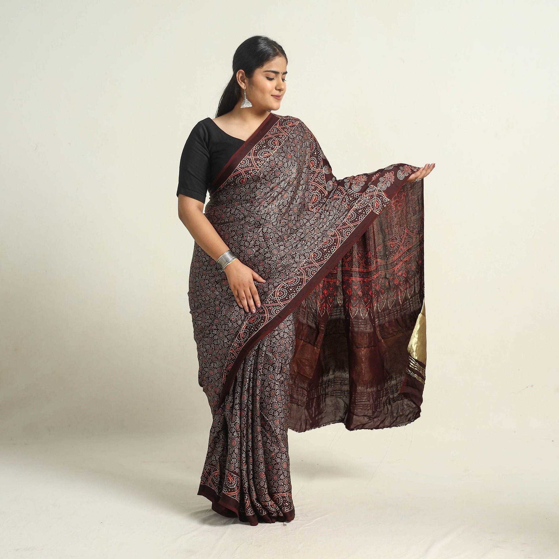 Brown - Modal Silk Block Printed Ajrakh Saree with Zari Border 69