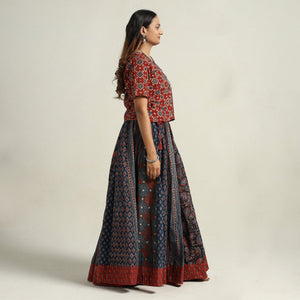 Blue - Ajrakh Block Printed 24 Kali Patchwork Cotton Long Skirt 45