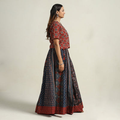 Blue - Ajrakh Block Printed 24 Kali Patchwork Cotton Long Skirt 45