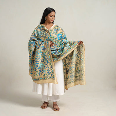 Blue - Bengal Handloom Silk Kantha Embroidery Dupatta 16