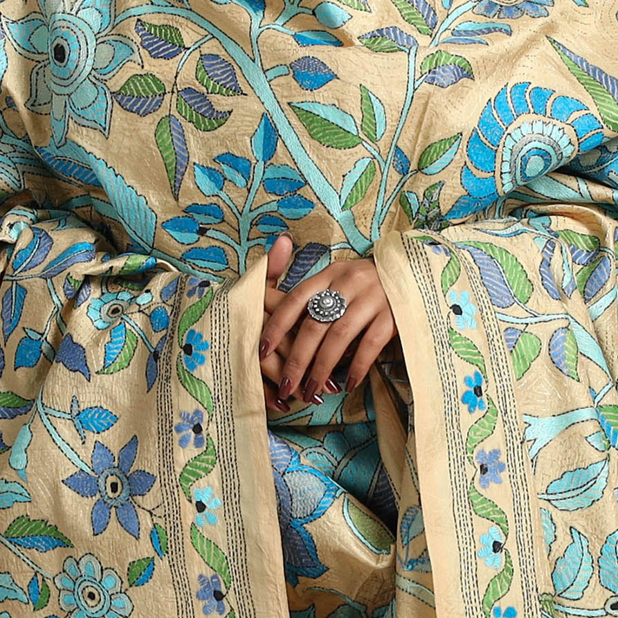 Blue - Bengal Handloom Silk Kantha Embroidery Dupatta 16