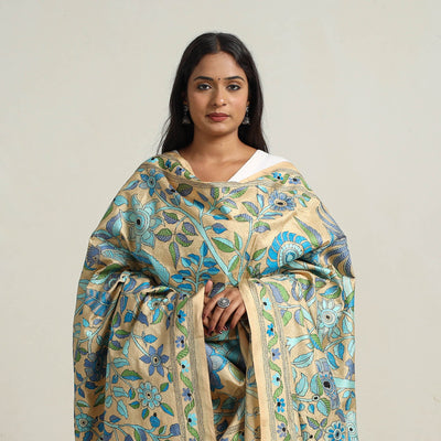Blue - Bengal Handloom Silk Kantha Embroidery Dupatta 16