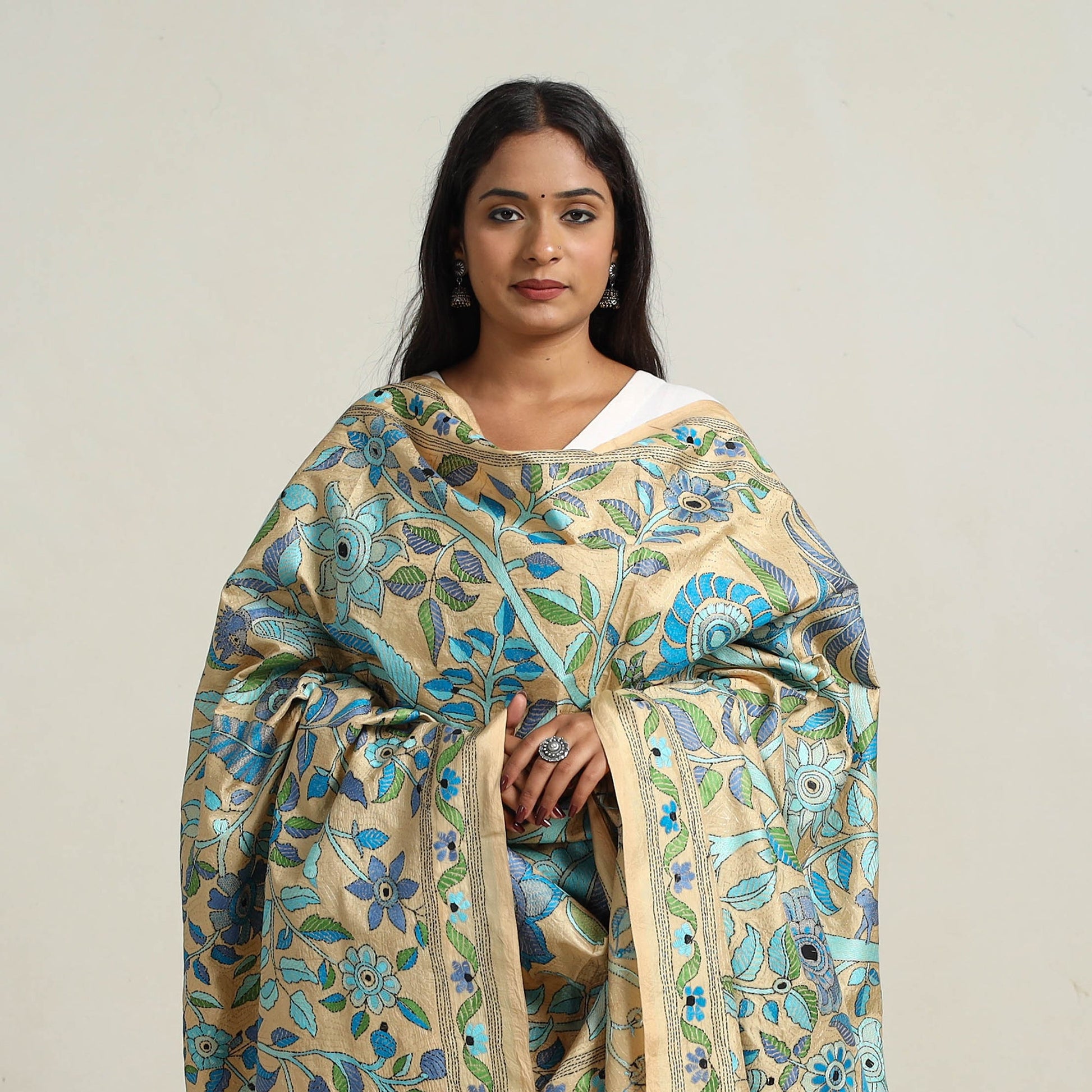 Blue - Bengal Handloom Silk Kantha Embroidery Dupatta 16