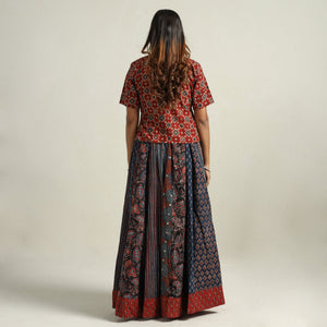 Blue - Ajrakh Block Printed 24 Kali Patchwork Cotton Long Skirt 45