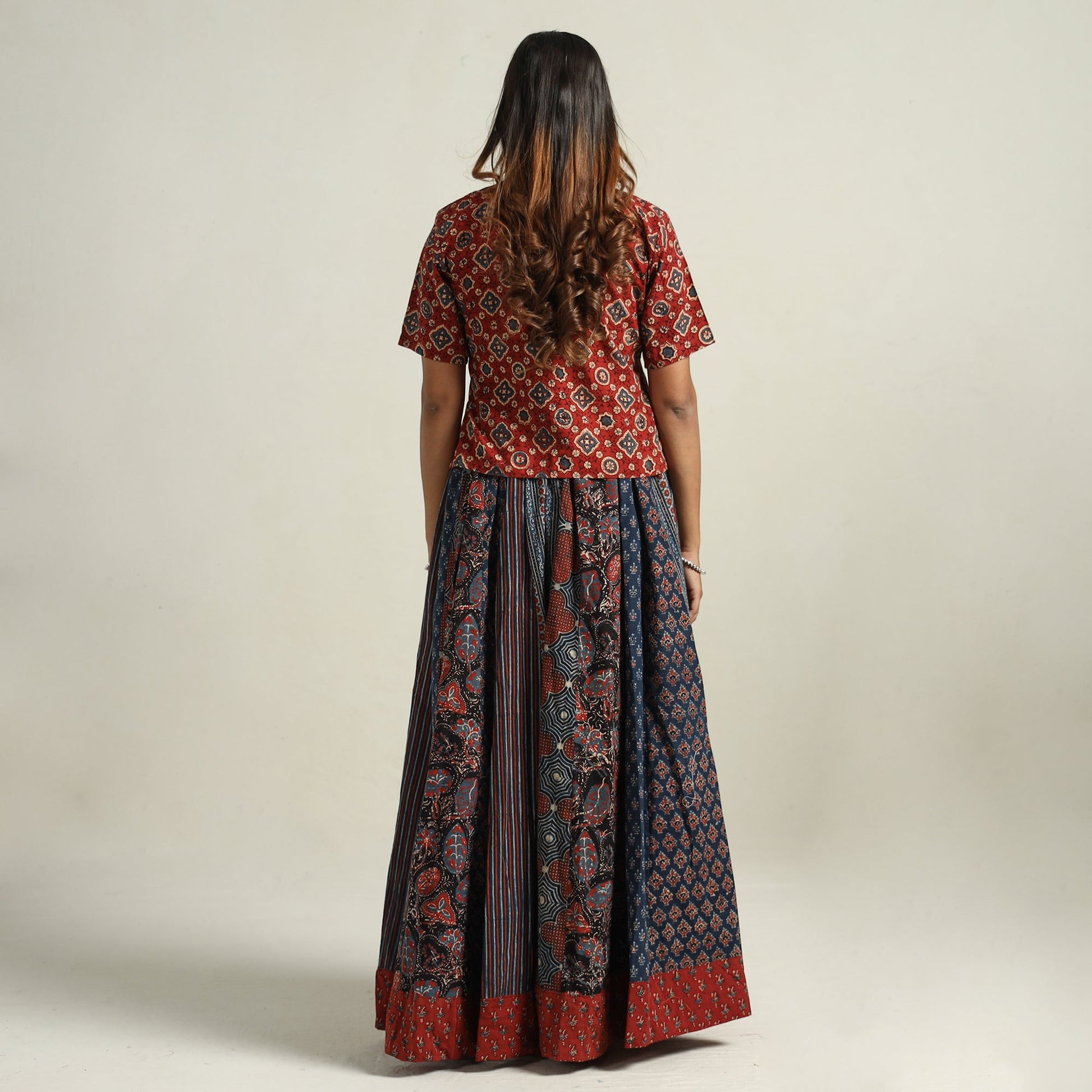 Blue - Ajrakh Block Printed 24 Kali Patchwork Cotton Long Skirt 45