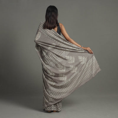 Grey - Natural Dyed Cotton Bagru Print Saree 07