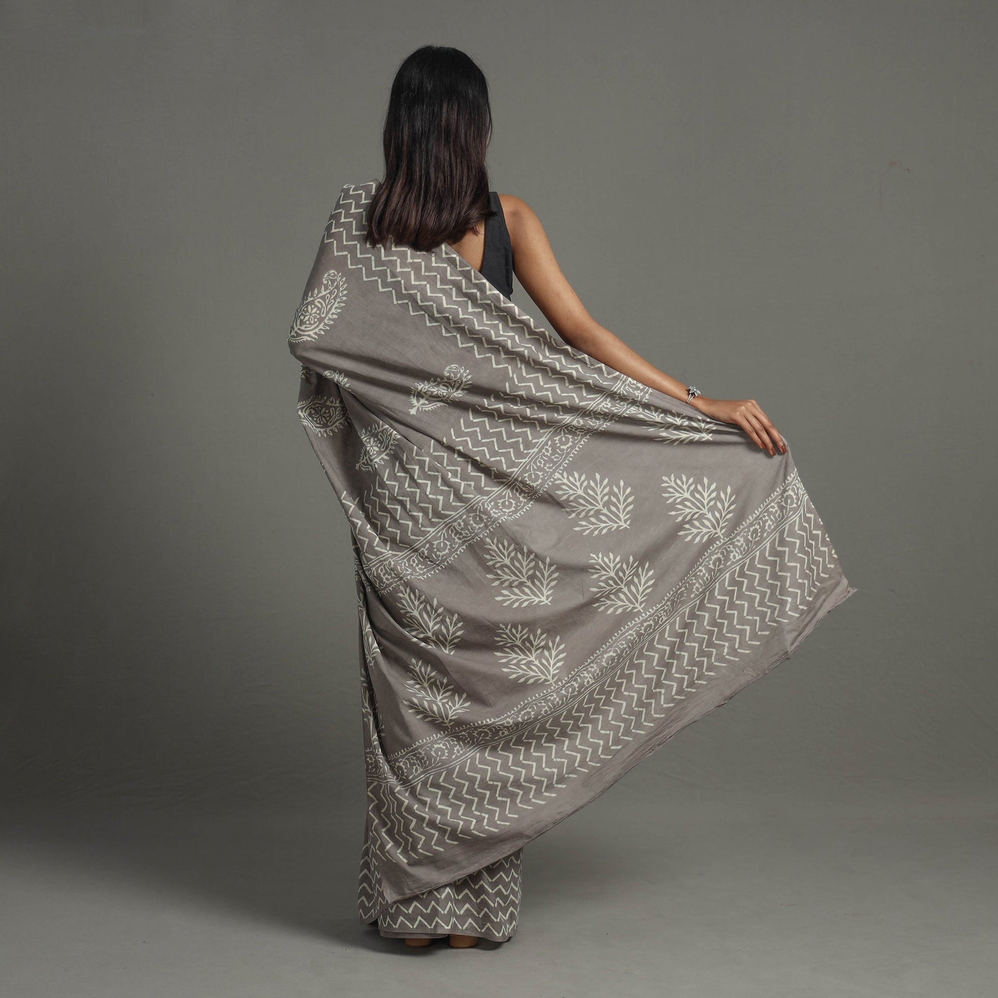 Grey - Natural Dyed Cotton Bagru Print Saree 07