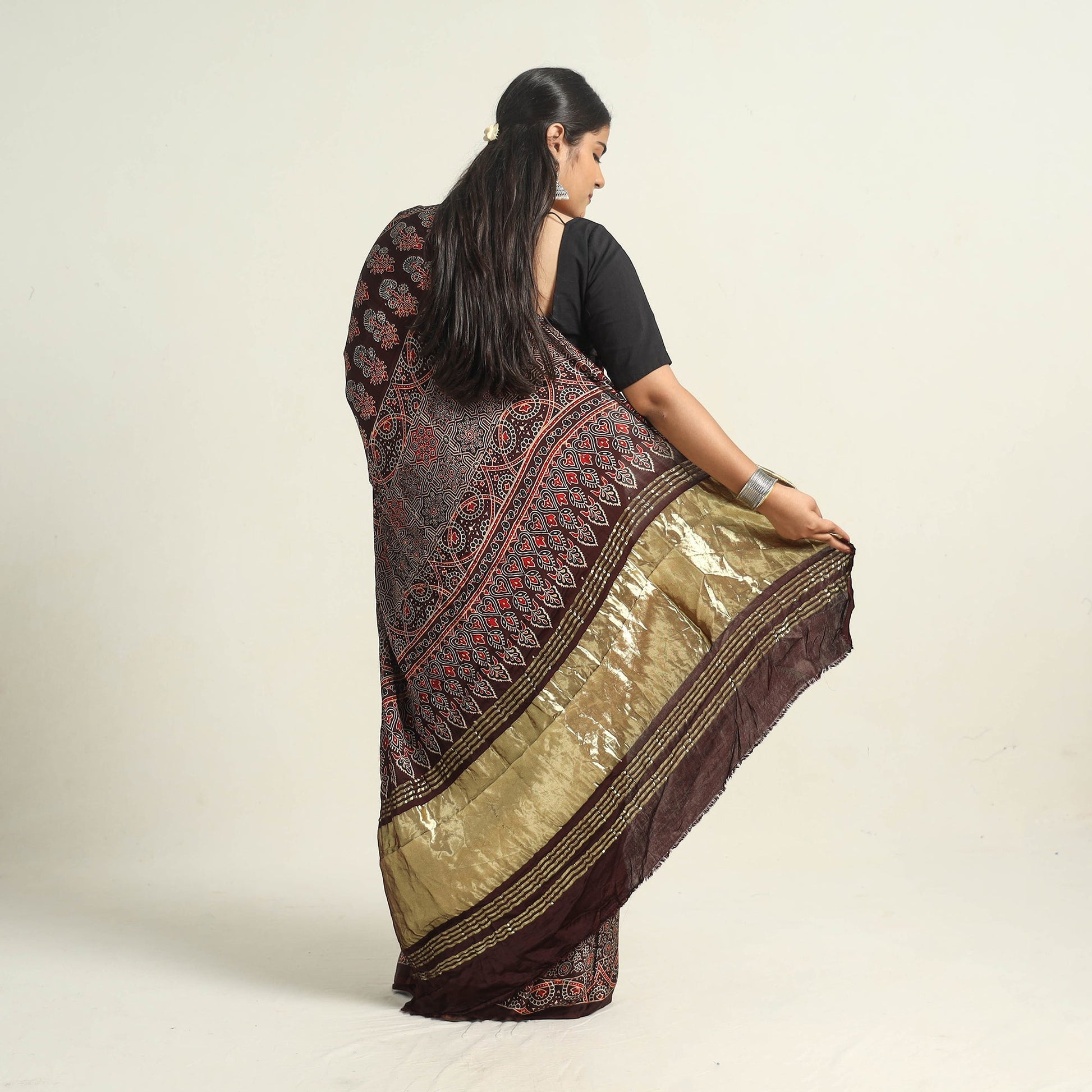 Brown - Modal Silk Block Printed Ajrakh Saree with Zari Border 69