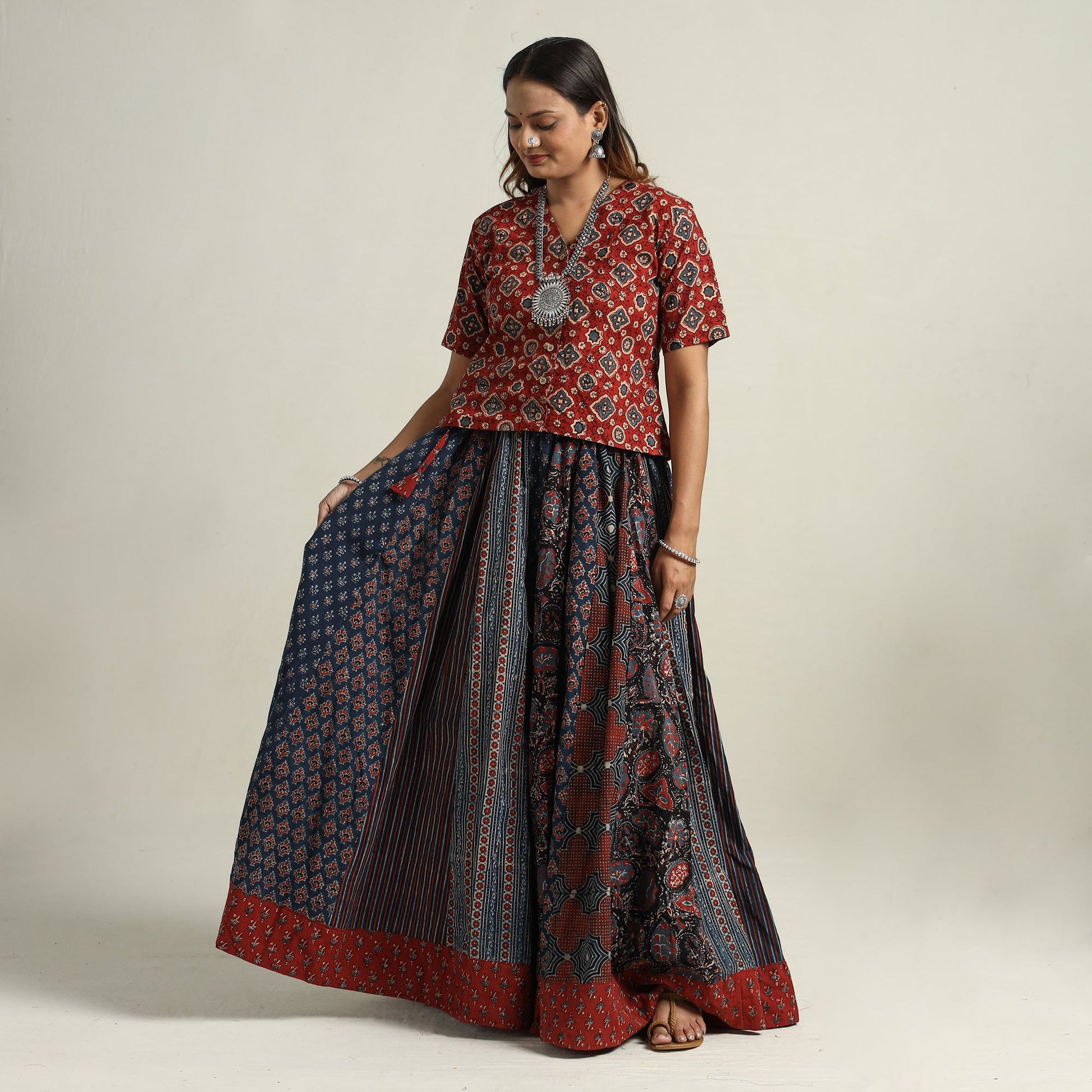 Blue - Ajrakh Block Printed 24 Kali Patchwork Cotton Long Skirt 45