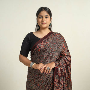 Brown - Modal Silk Block Printed Ajrakh Saree with Zari Border 69
