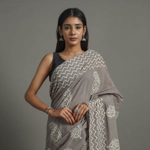 Grey - Natural Dyed Cotton Bagru Print Saree 07
