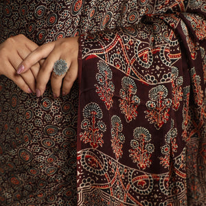 Brown - Modal Silk Block Printed Ajrakh Saree with Zari Border 69