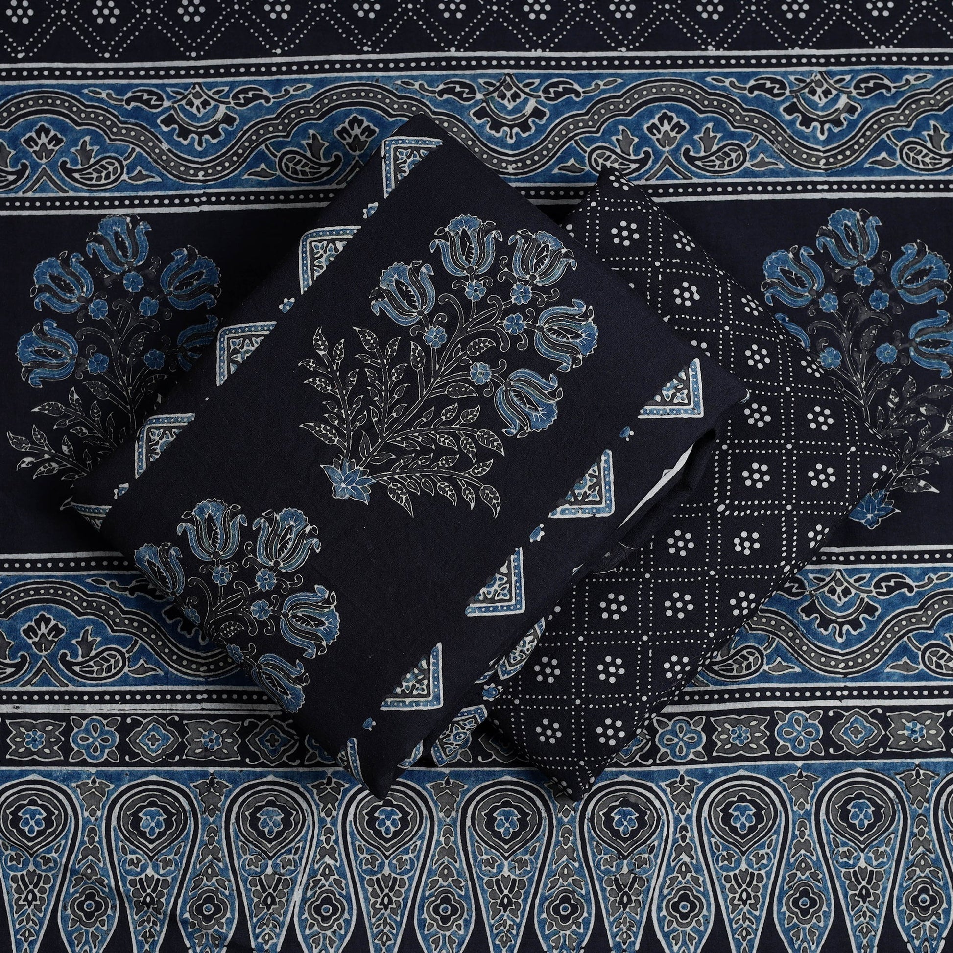 Black - Hand Block Print Cotton 3pc Ajrakh Dress Material 10
