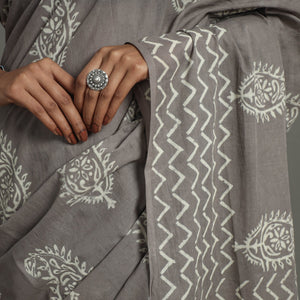 Grey - Natural Dyed Cotton Bagru Print Saree 07