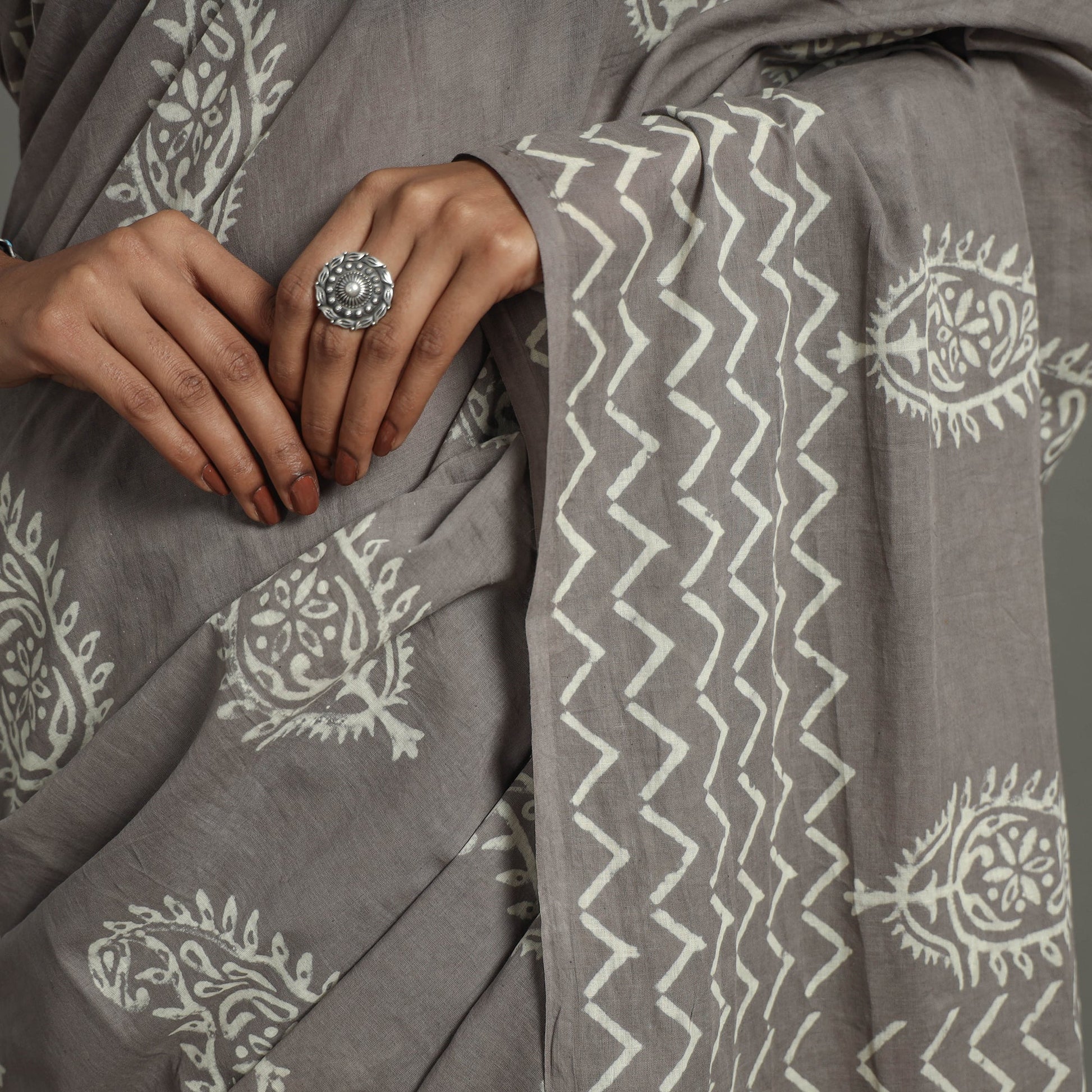 Grey - Natural Dyed Cotton Bagru Print Saree 07