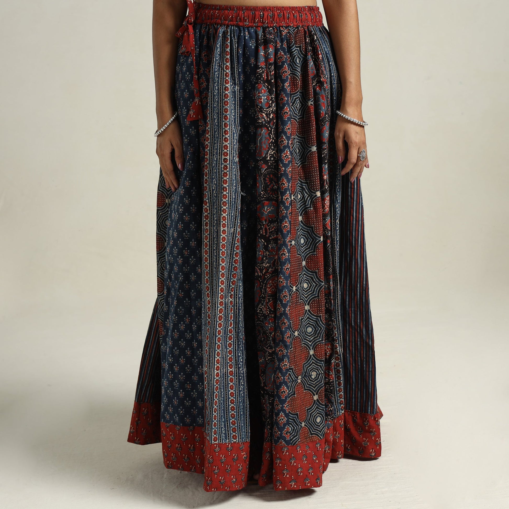 Blue - Ajrakh Block Printed 24 Kali Patchwork Cotton Long Skirt 45