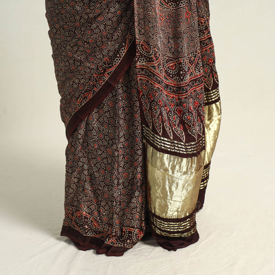 Brown - Modal Silk Block Printed Ajrakh Saree with Zari Border 69