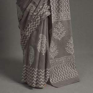 Grey - Natural Dyed Cotton Bagru Print Saree 07