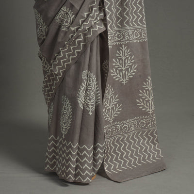 Grey - Natural Dyed Cotton Bagru Print Saree 07