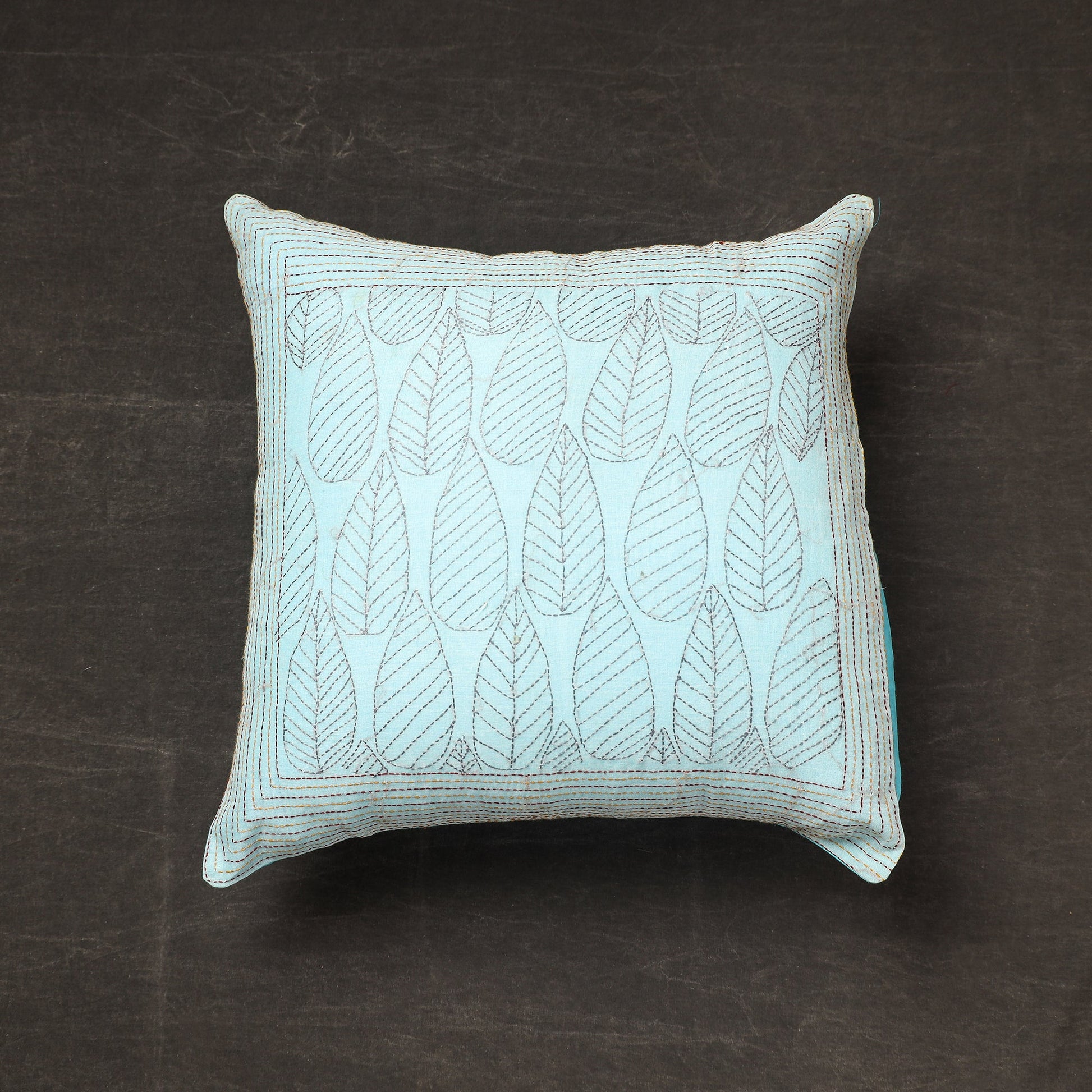 Blue - Bengal Kantha Embroidery Cotton Cushion Cover (17 x 17 in) 11