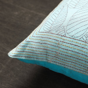 Blue - Bengal Kantha Embroidery Cotton Cushion Cover (17 x 17 in) 11