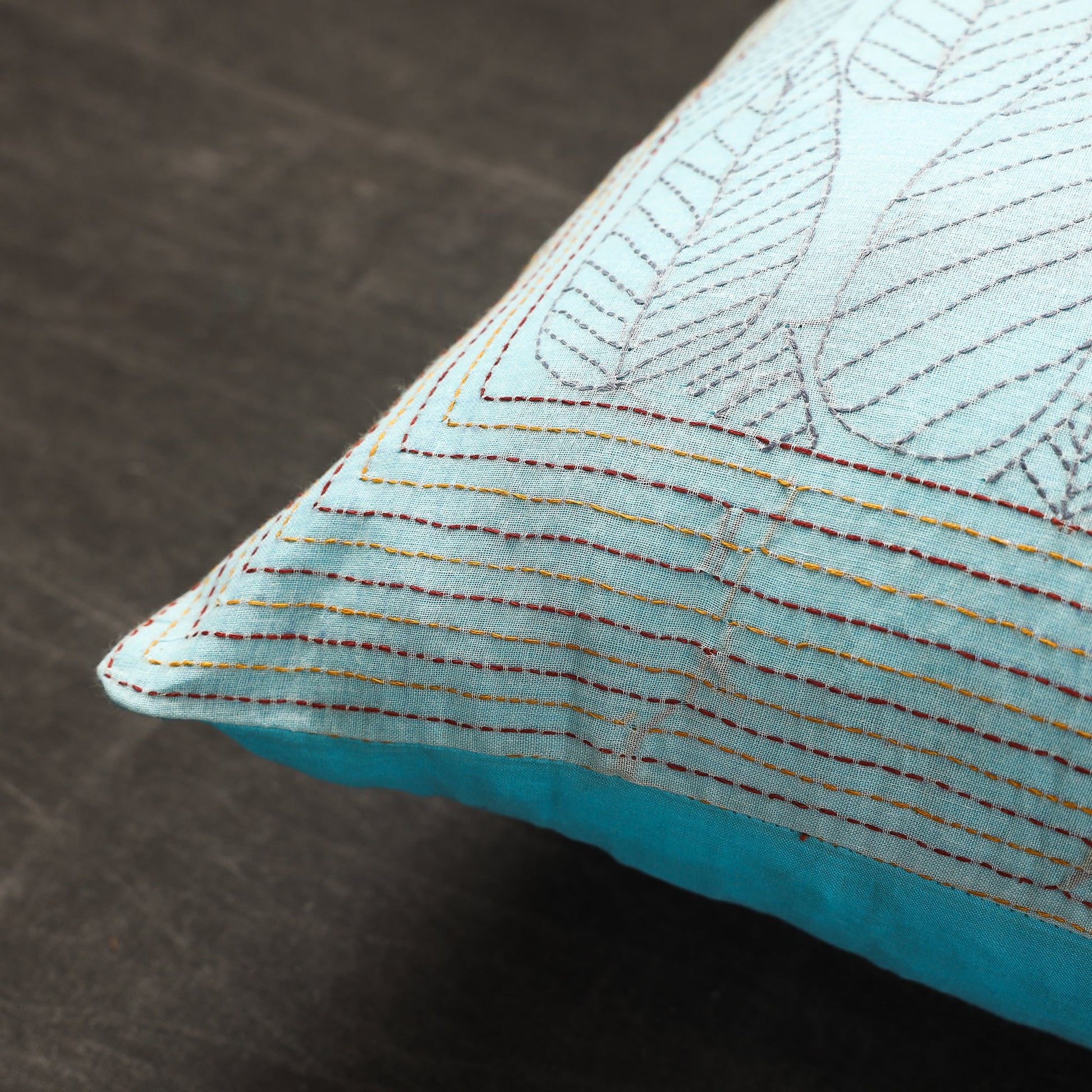Blue - Bengal Kantha Embroidery Cotton Cushion Cover (17 x 17 in) 11