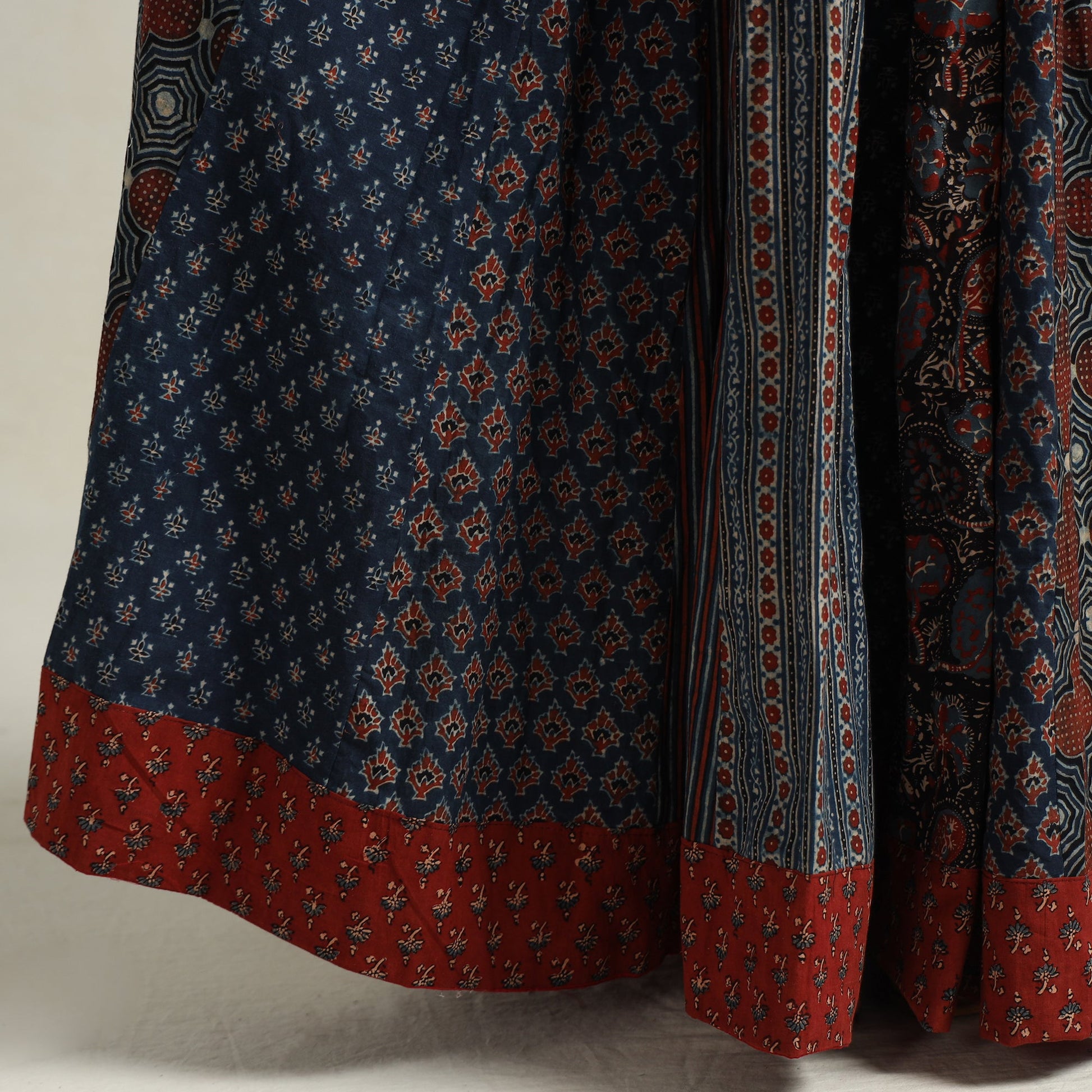 Blue - Ajrakh Block Printed 24 Kali Patchwork Cotton Long Skirt 45