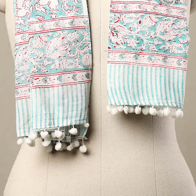 Blue - Block Print Cotton Sanganeri Stole with Pom Pom 39