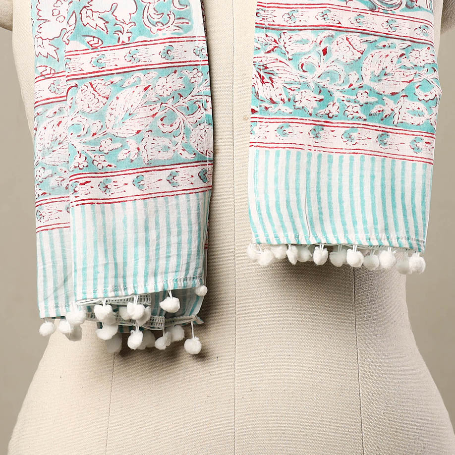 Blue - Block Print Cotton Sanganeri Stole with Pom Pom 39