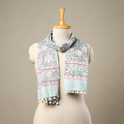 Blue - Block Print Cotton Sanganeri Stole with Pom Pom 39