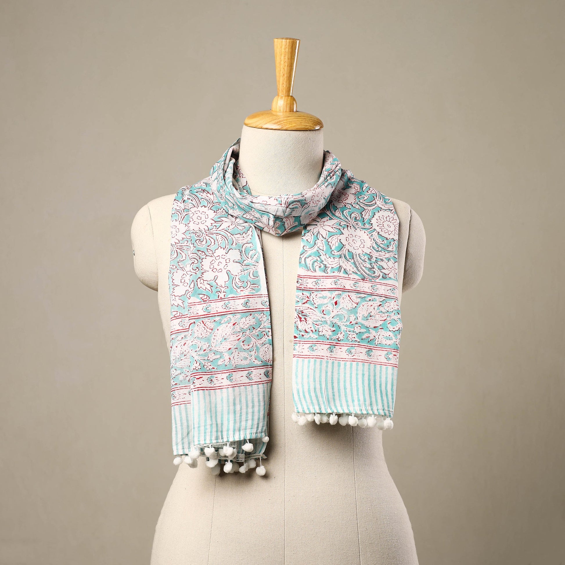 Blue - Block Print Cotton Sanganeri Stole with Pom Pom 39