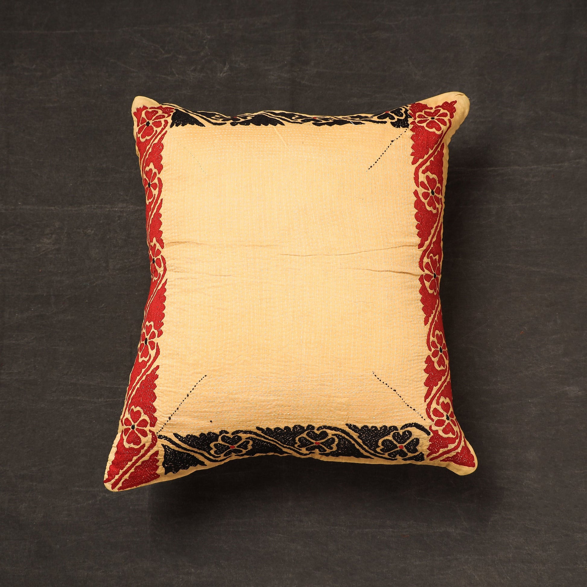Beige - Bengal Kantha Embroidery Cotton Cushion Cover (16 x 16 in) 15
