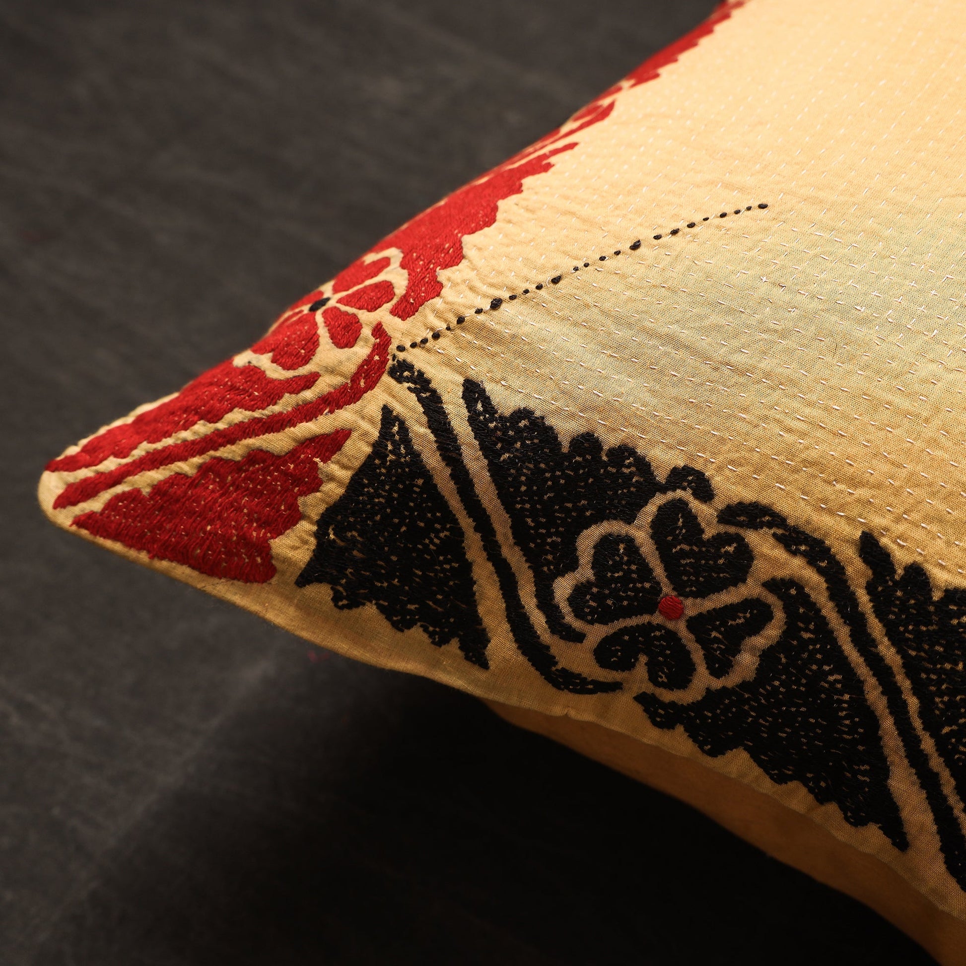 Beige - Bengal Kantha Embroidery Cotton Cushion Cover (16 x 16 in) 15