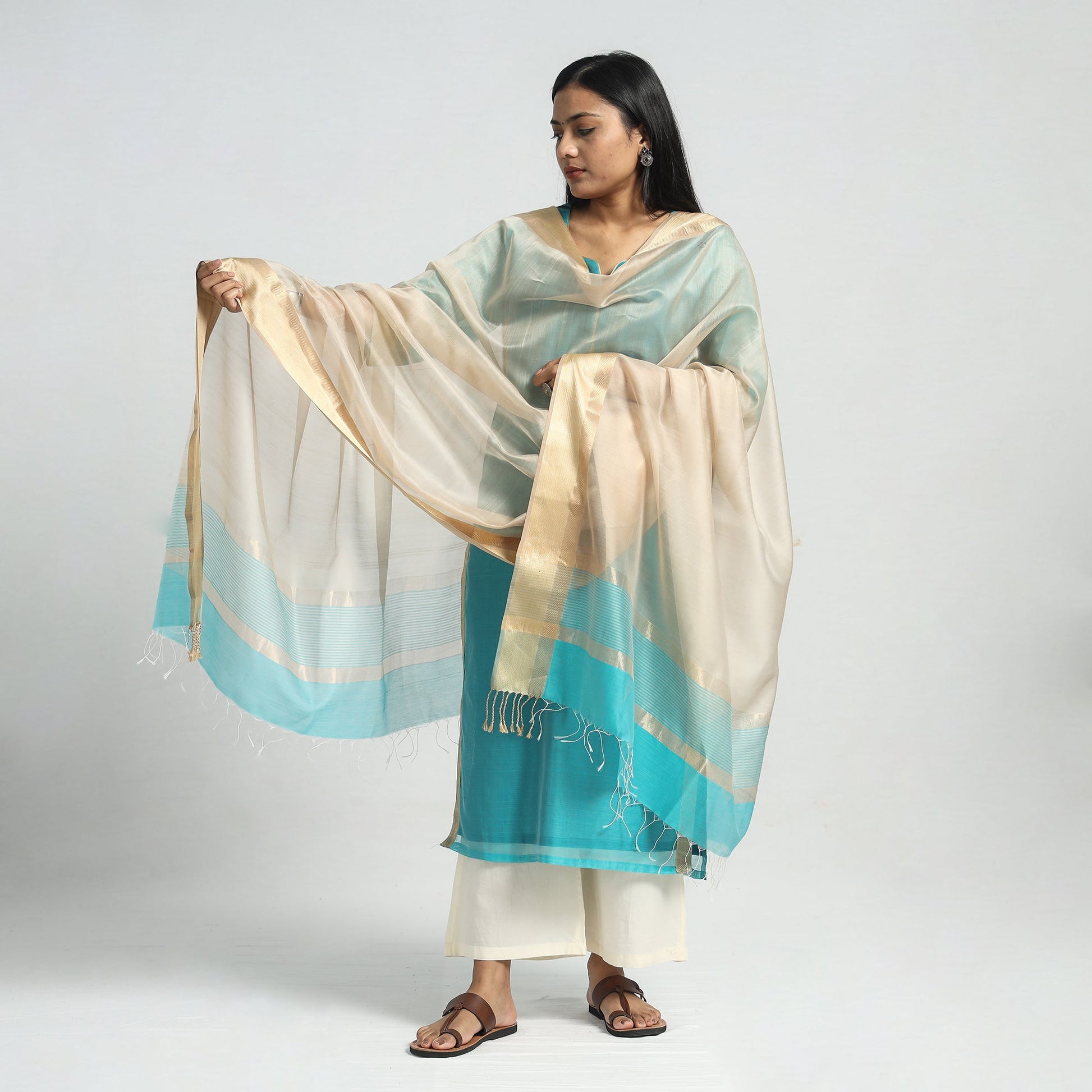Aqua Blue - Traditional Maheshwari Handloom Silk Cotton Kurta with Dupatta Set