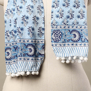 Blue - Block Print Cotton Sanganeri Stole with Pom Pom 41
