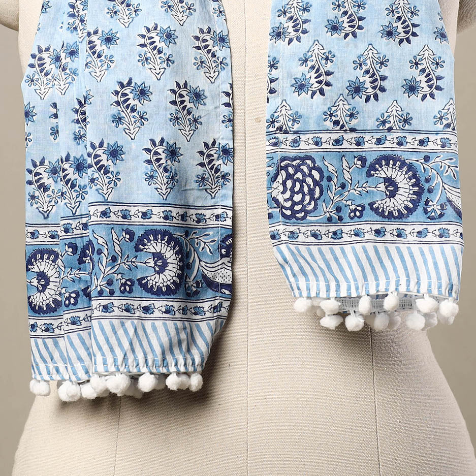 Blue - Block Print Cotton Sanganeri Stole with Pom Pom 41