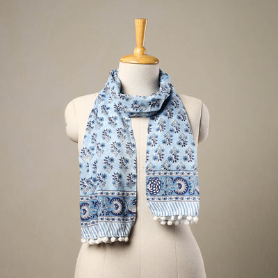 Blue - Block Print Cotton Sanganeri Stole with Pom Pom 41
