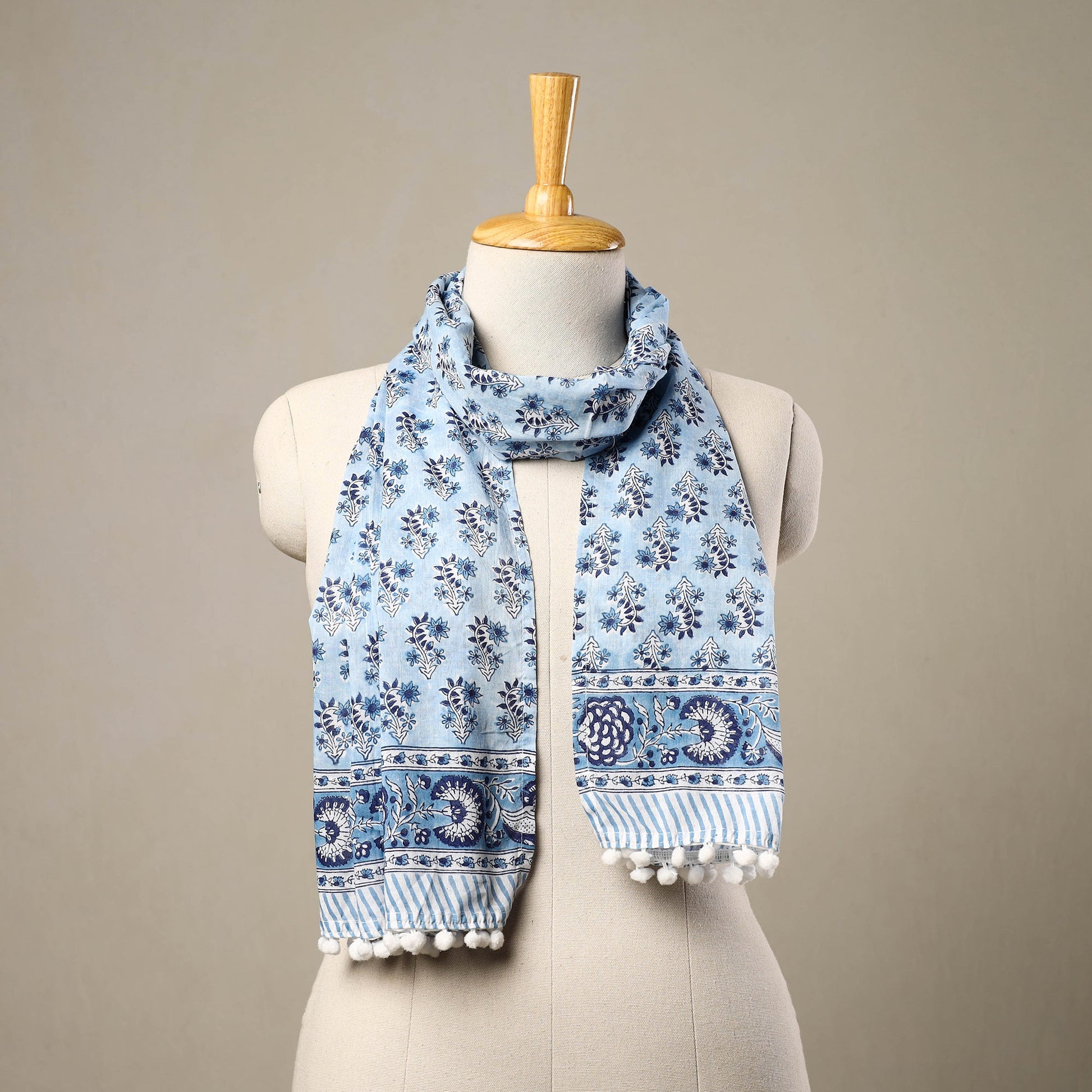 Blue - Block Print Cotton Sanganeri Stole with Pom Pom 41