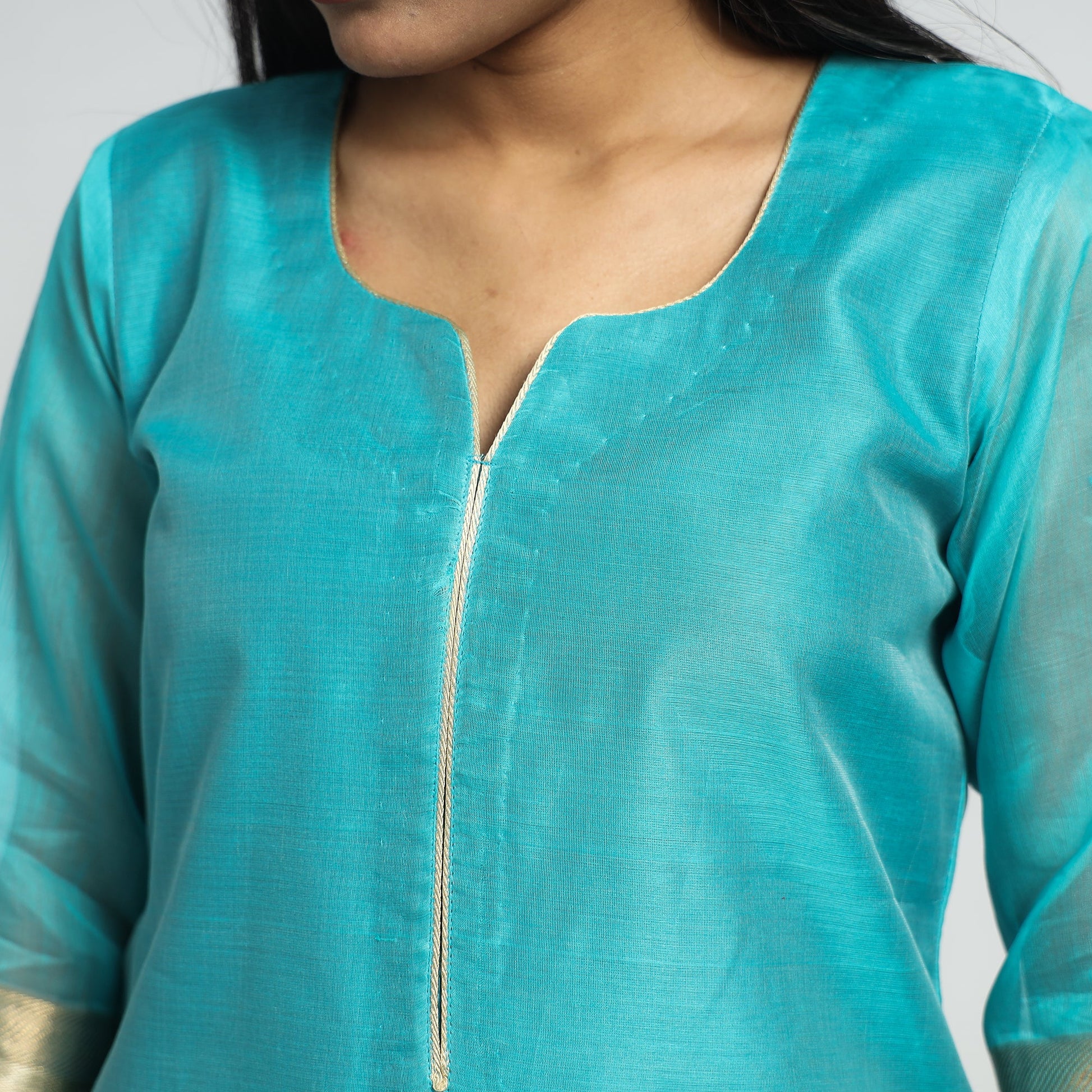 Aqua Blue - Traditional Maheshwari Handloom Silk Cotton Kurta with Dupatta Set
