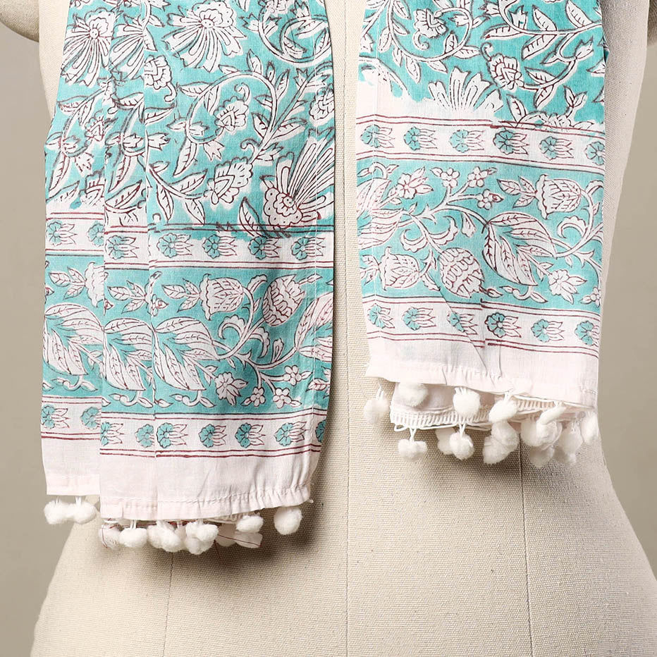 Blue - Block Print Cotton Sanganeri Stole with Pom Pom 43