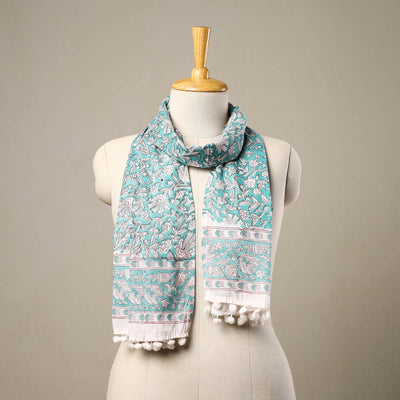 Blue - Block Print Cotton Sanganeri Stole with Pom Pom 43