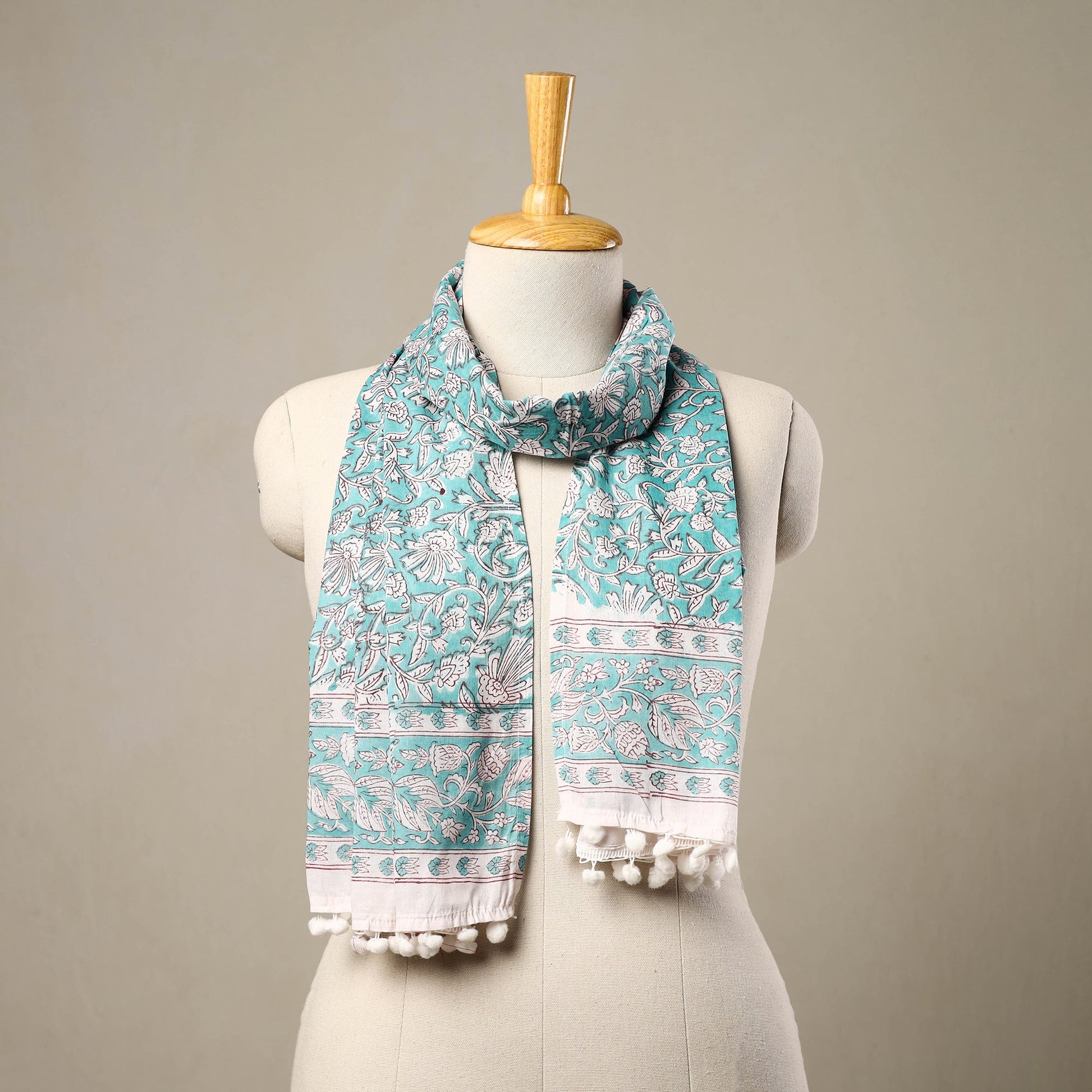 Blue - Block Print Cotton Sanganeri Stole with Pom Pom 43