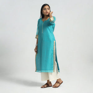 Aqua Blue - Traditional Maheshwari Handloom Silk Cotton Kurta with Dupatta Set