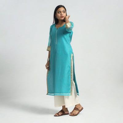 Aqua Blue - Traditional Maheshwari Handloom Silk Cotton Kurta with Dupatta Set