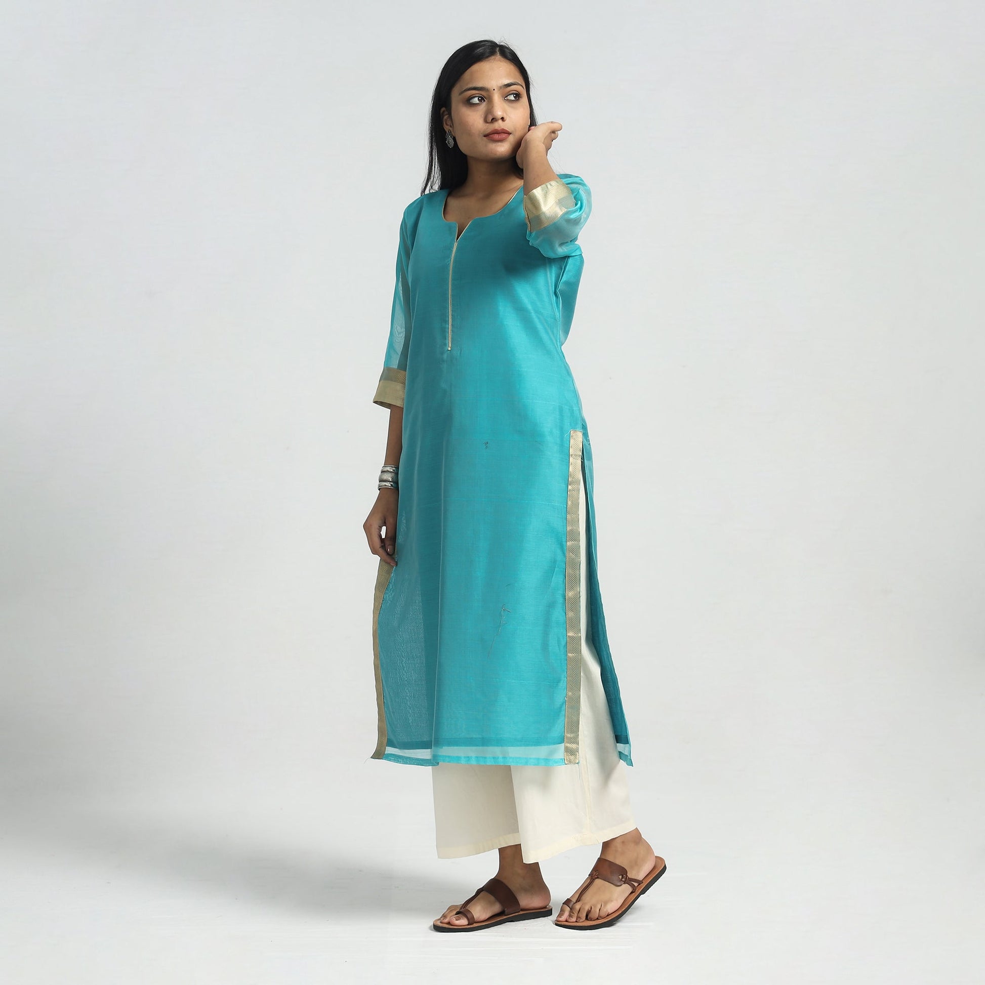 Aqua Blue - Traditional Maheshwari Handloom Silk Cotton Kurta with Dupatta Set